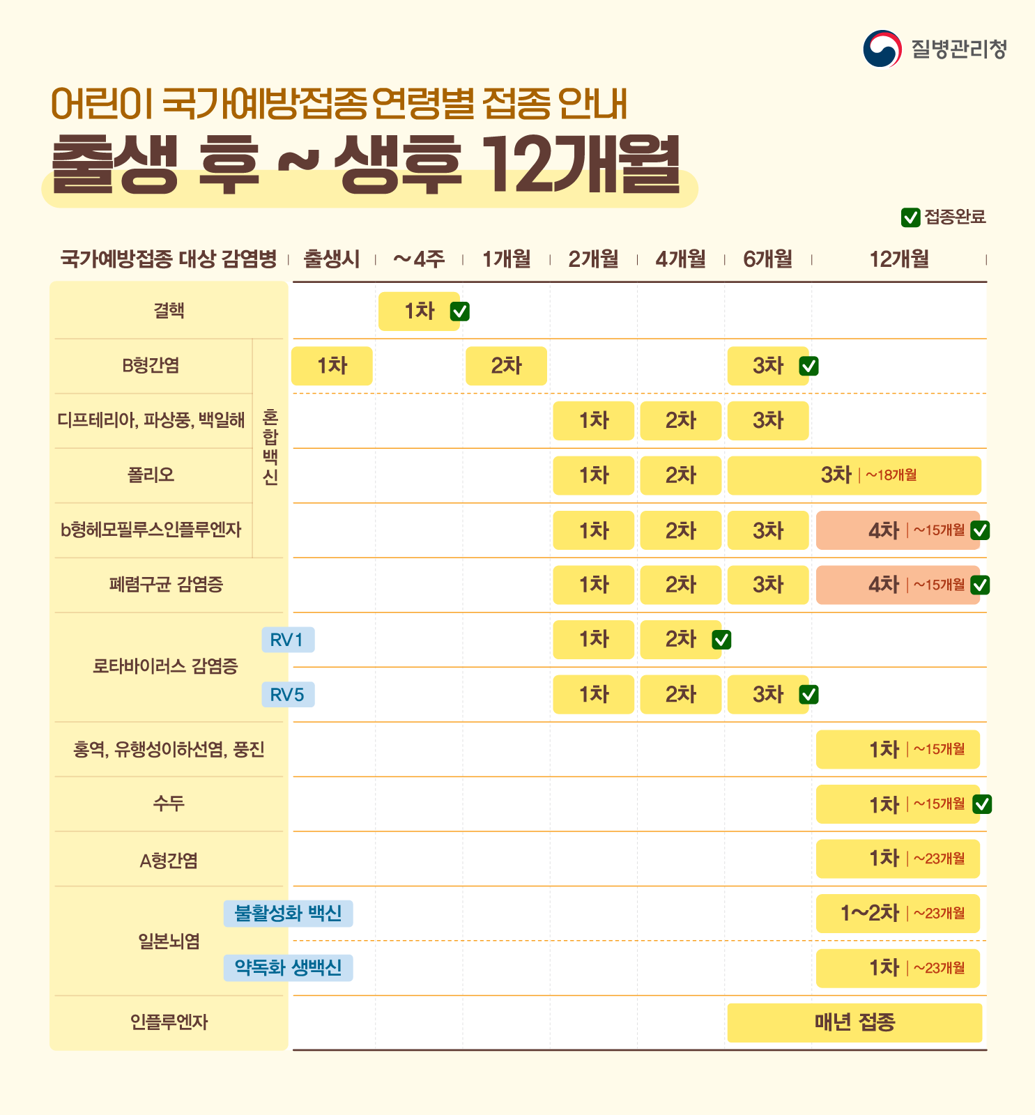 질병관리청
어린이 국가예방접종 연령별 접종 안내
<출생 후 ~ 생후 12개월>
○ 감염병 예방을 위해 중요한 생후 첫 1년
- 로타바이러스 접종은 생후 8개월0일까지만 접종 가능하니 표준접종일정에 맞춰 접종하세요
- 디프테리아, 파상풍, 백일해, 폴리오, b형헤모필루스인플루엔자, B형간염은 생후 2개월에 6가 혼합백신 접종으로 한 번에 예방할 수 있어요
(엄마가 B형간염 보유자라면 B형간염 접종은 생후 1개월에 단독백신으로 접종해주세요) 
- 로타바이러스, 일본뇌염 예방접종은 백신 종류에 따라 필요한 접종횟수가 달라요
○ 국가예방접종 대상 감염병
- 결핵: (~4주)1차*접종 완료
- [혼합백신] B형간염: (출생 시)1차, (1개월)2차, (6개월)3차*접종 완료
- [혼합백신] 디프테리아, 파상풍, 백일해: (2개월)1차, (4개월)2차, (6개월)3차*접종 완료
- [혼합백신] 폴리오: (2개월)1차, (4개월)2차, (6개월~18개월)3차*접종 완료
- [혼합백신] b형헤모필루스인플루엔자: (2개월)1차, (4개월)2차, (6개월)3차, (12개월~15개월)4차*접종 완료
- 폐렴구균 감염증: (2개월)1차, (4개월)2차, (6개월)3차, (12개월~15개월)4차*접종 완료
- 로타바이러스 감염증 
· RV1: (2개월)1차, (4개월)2차*접종 완료
· RV5: (2개월)1차, (4개월)2차, (6개월)3차*접종 완료
- 홍역, 유행성이하선염, 풍진: (12개월~15개월)1차*접종 완료
- 수두: (12개월~15개월)1차*접종 완료
- A형간염: (12개월~23개월)1차
- 일본뇌염:
· 불활성화 백신: (12개월~23개월)1~2차
· 약독화 생백신: (12개월~23개월)1차
- 인플루엔자: 매년 접종
